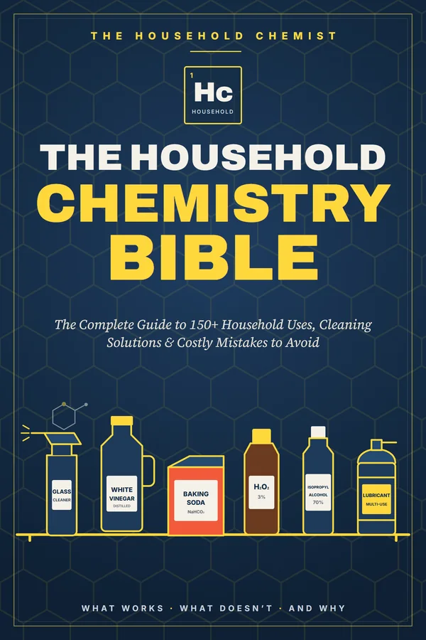 Cover of The Household Chemistry Bible, a navy cover with yellow title lettering and illustrations of everyday cleaning products on a shelf.