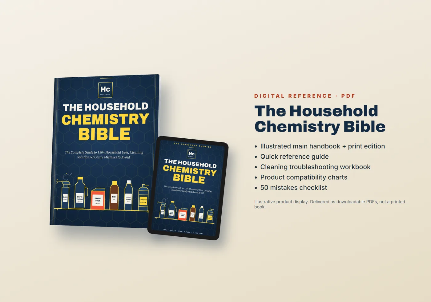 The Household Chemistry Bible shown as a PDF on a tablet beside its cover, labelled as a digital reference delivered as downloadable PDFs.